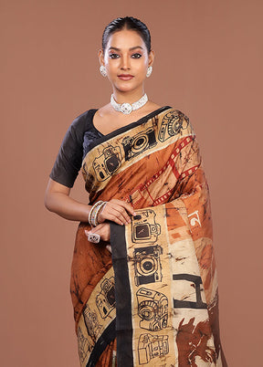 Rust Printed Pure Silk Saree Without Blouse Piece