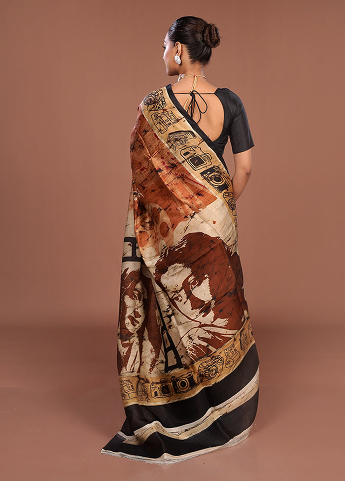 Rust Printed Pure Silk Saree Without Blouse Piece
