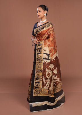 Rust Printed Pure Silk Saree Without Blouse Piece
