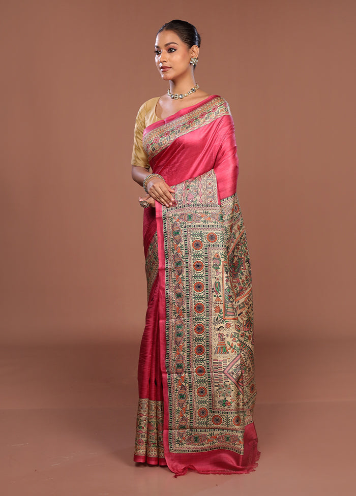 Pink Printed Pure Silk Saree Without Blouse Piece