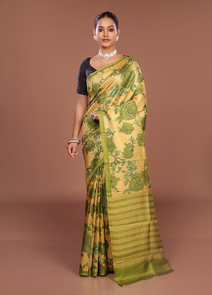 Cream Printed Pure Silk Saree Without Blouse Piece