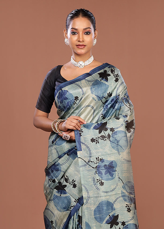 Blue Printed Pure Silk Saree Without Blouse Piece