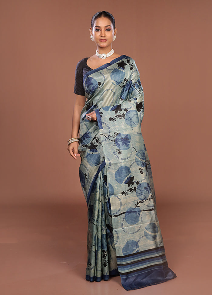 Blue Printed Pure Silk Saree Without Blouse Piece