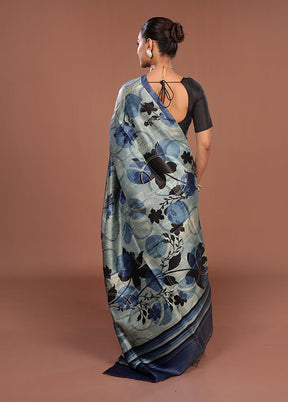 Blue Printed Pure Silk Saree Without Blouse Piece