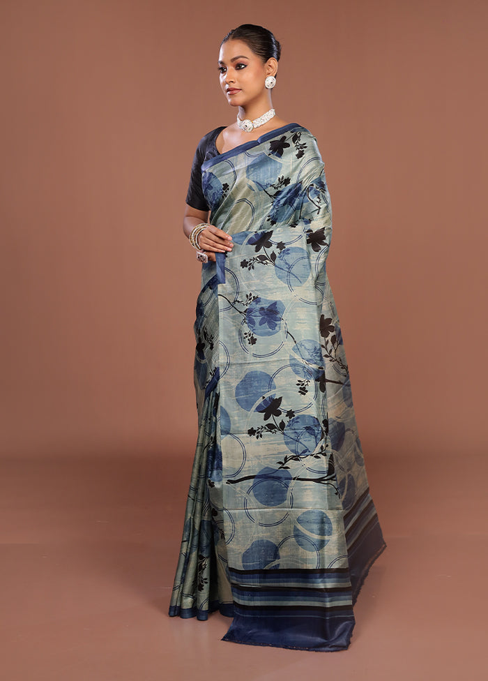 Blue Printed Pure Silk Saree Without Blouse Piece