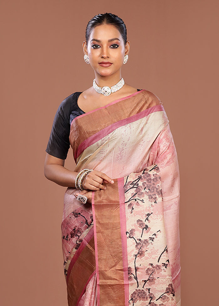 Pink Handloom Tussar Pure Silk Saree With Blouse Piece