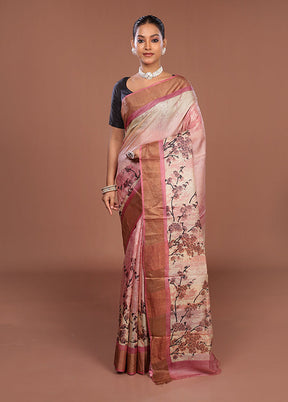 Pink Handloom Tussar Pure Silk Saree With Blouse Piece