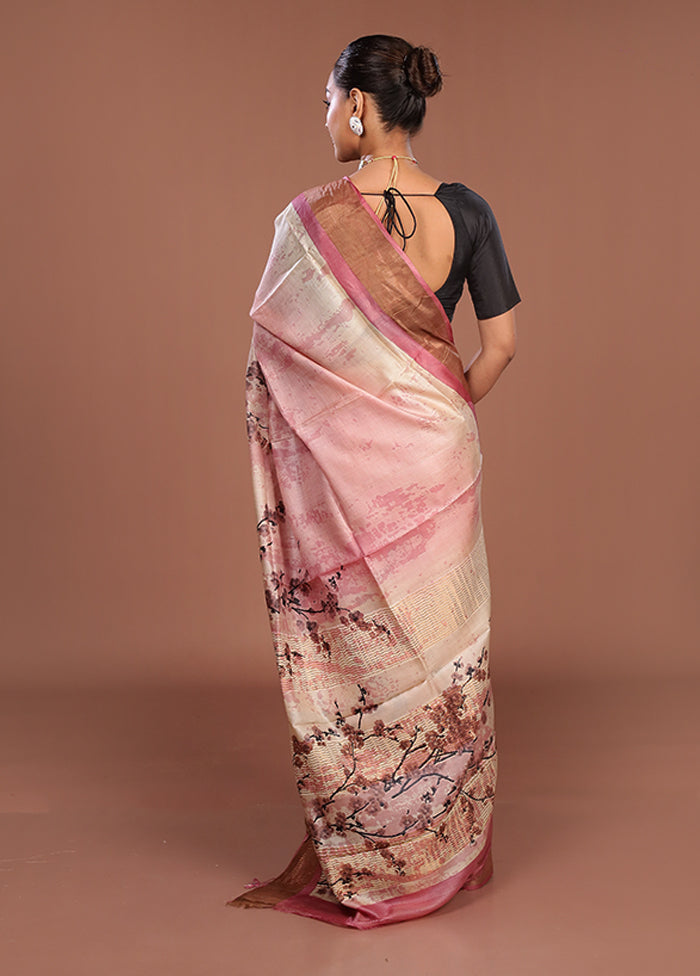 Pink Handloom Tussar Pure Silk Saree With Blouse Piece