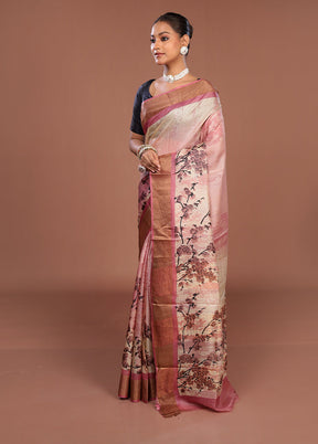 Pink Handloom Tussar Pure Silk Saree With Blouse Piece