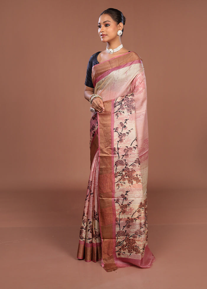 Pink Handloom Tussar Pure Silk Saree With Blouse Piece