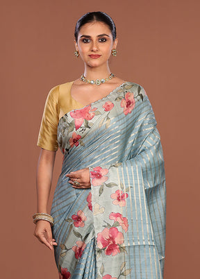 Blue Tussar Silk Saree With Blouse Piece