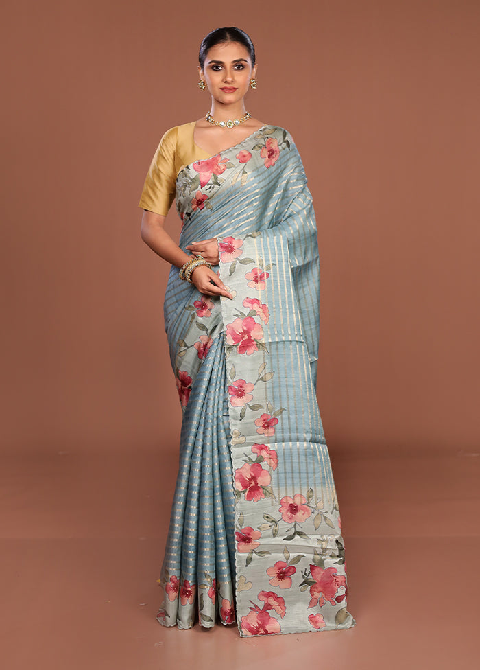 Blue Tussar Silk Saree With Blouse Piece