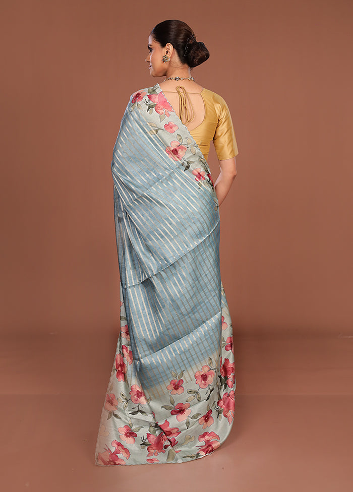 Blue Tussar Silk Saree With Blouse Piece