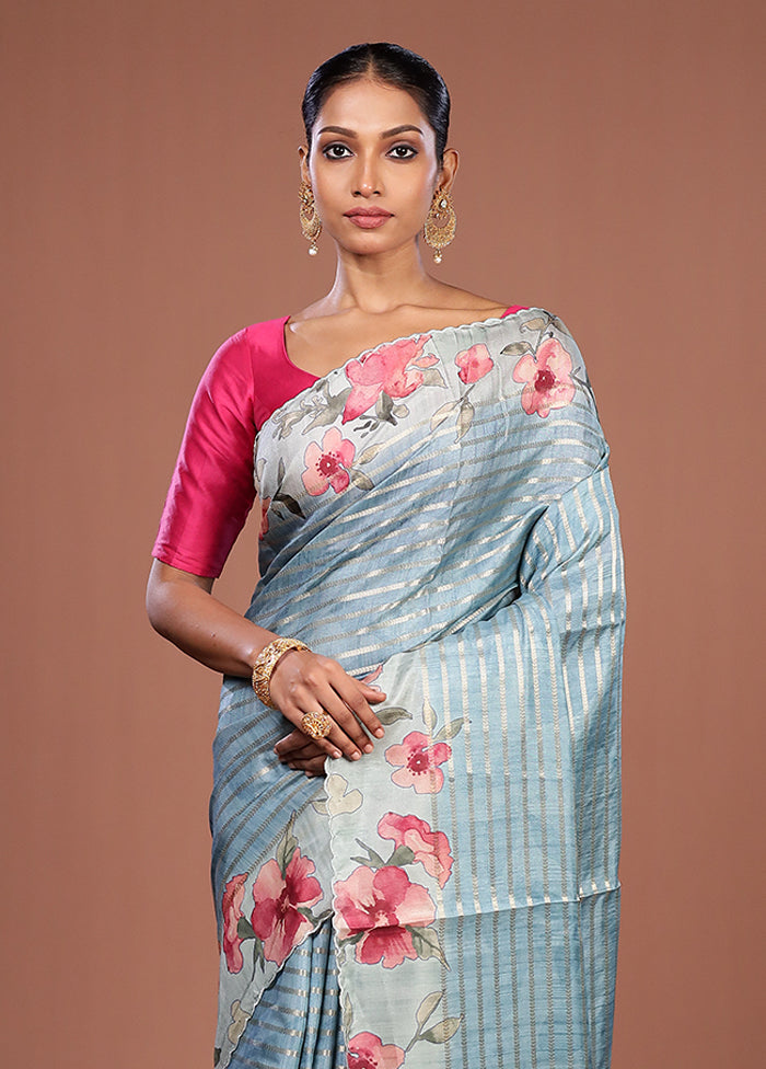 Blue Tussar Silk Saree With Blouse Piece