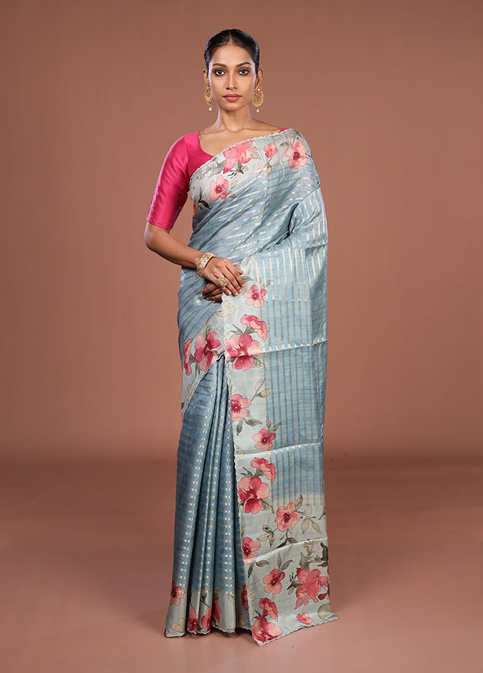 Blue Tussar Silk Saree With Blouse Piece