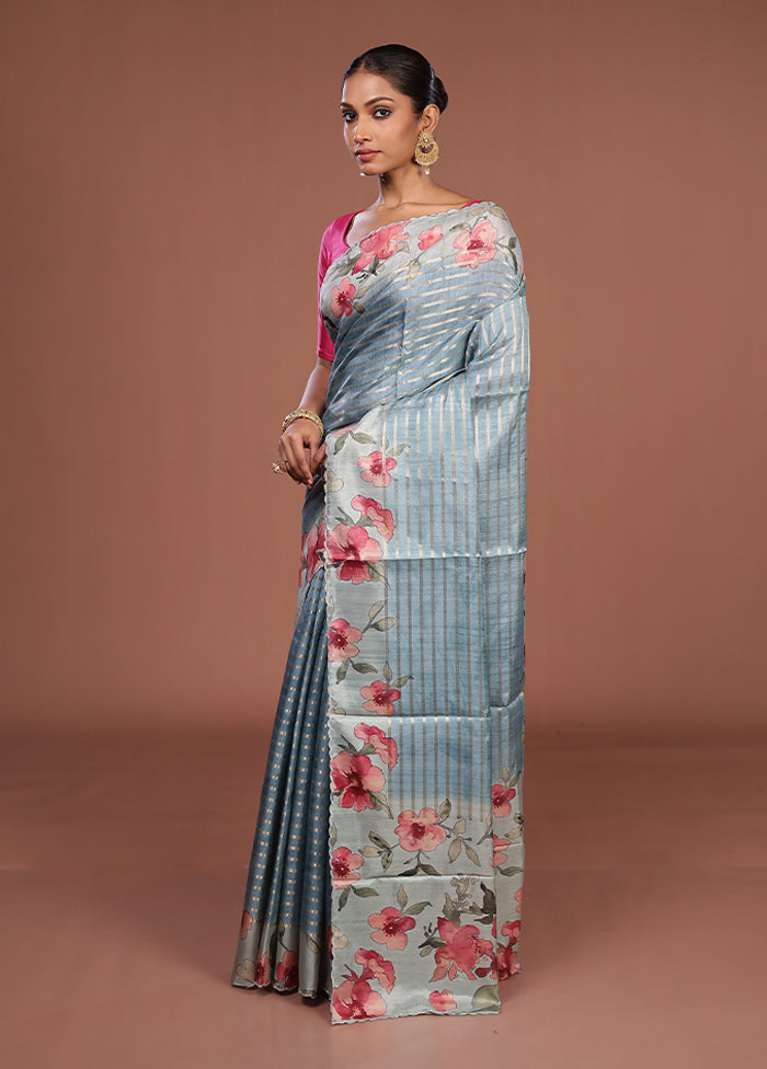 Blue Tussar Silk Saree With Blouse Piece