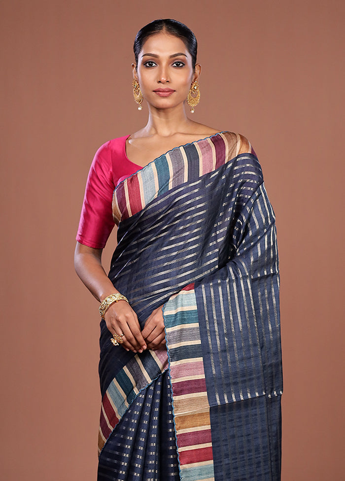 Blue Tussar Silk Saree With Blouse Piece