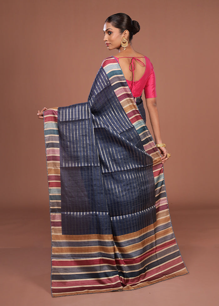 Blue Tussar Silk Saree With Blouse Piece