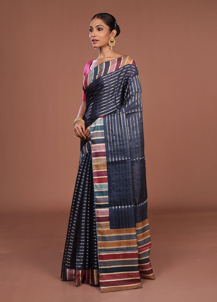 Blue Tussar Silk Saree With Blouse Piece