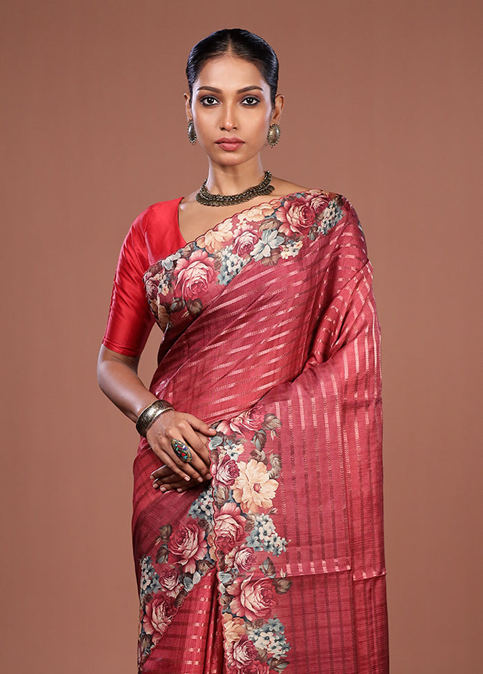 Maroon Tussar Silk Saree With Blouse Piece