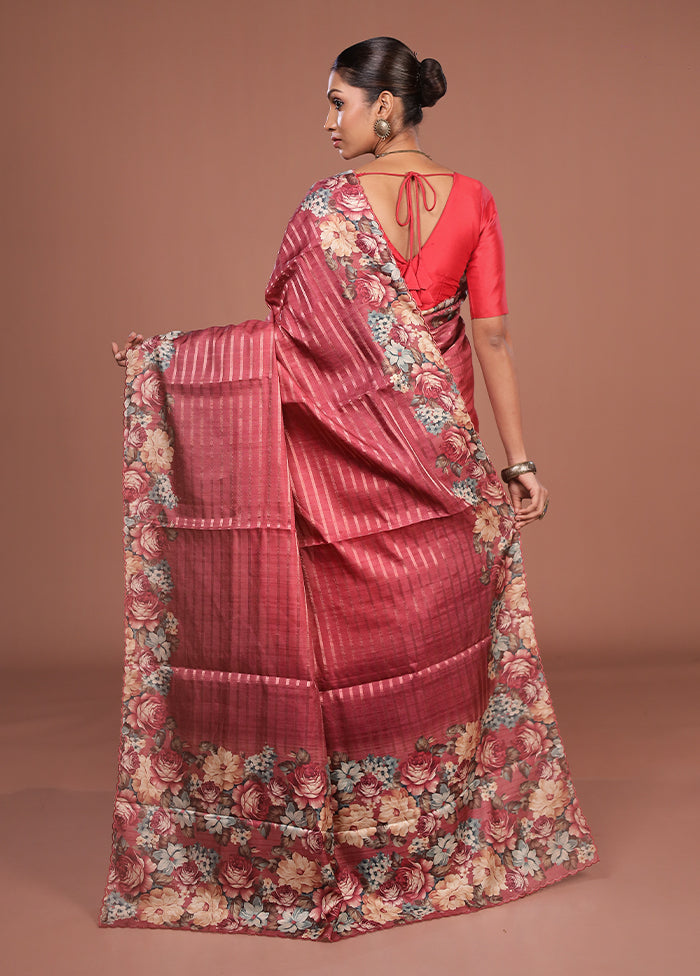 Maroon Tussar Silk Saree With Blouse Piece