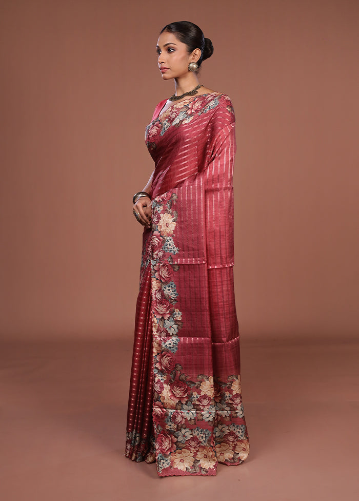 Maroon Tussar Silk Saree With Blouse Piece