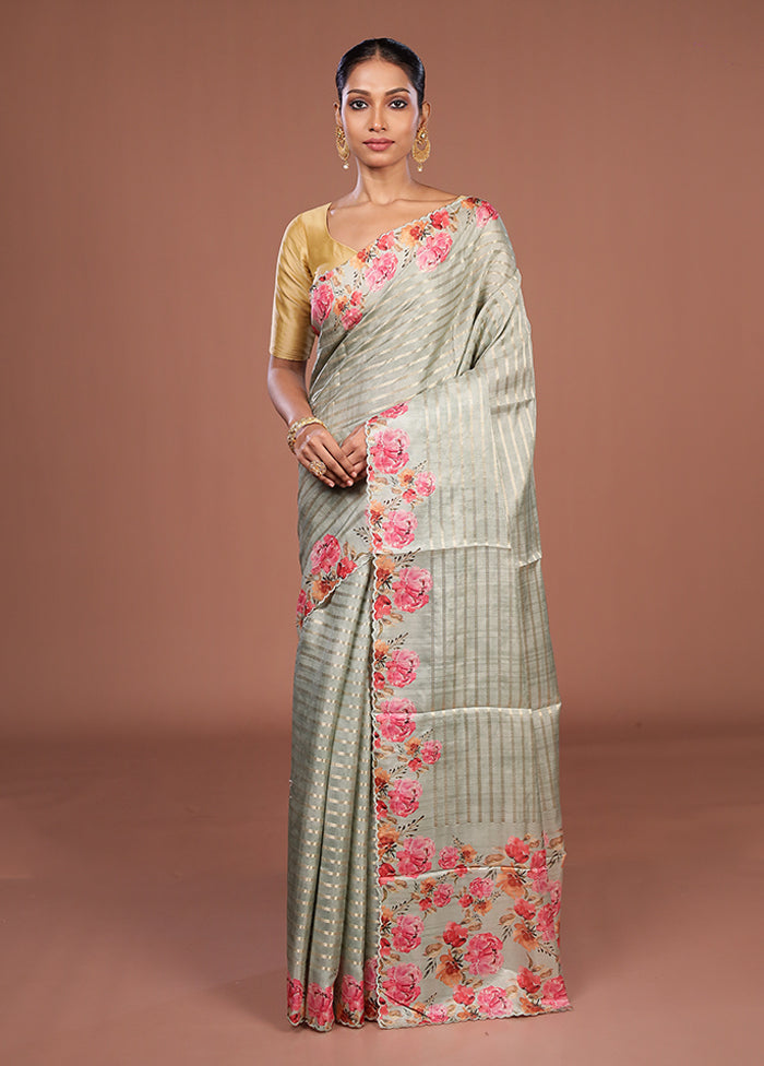 Green Tussar Silk Saree With Blouse Piece