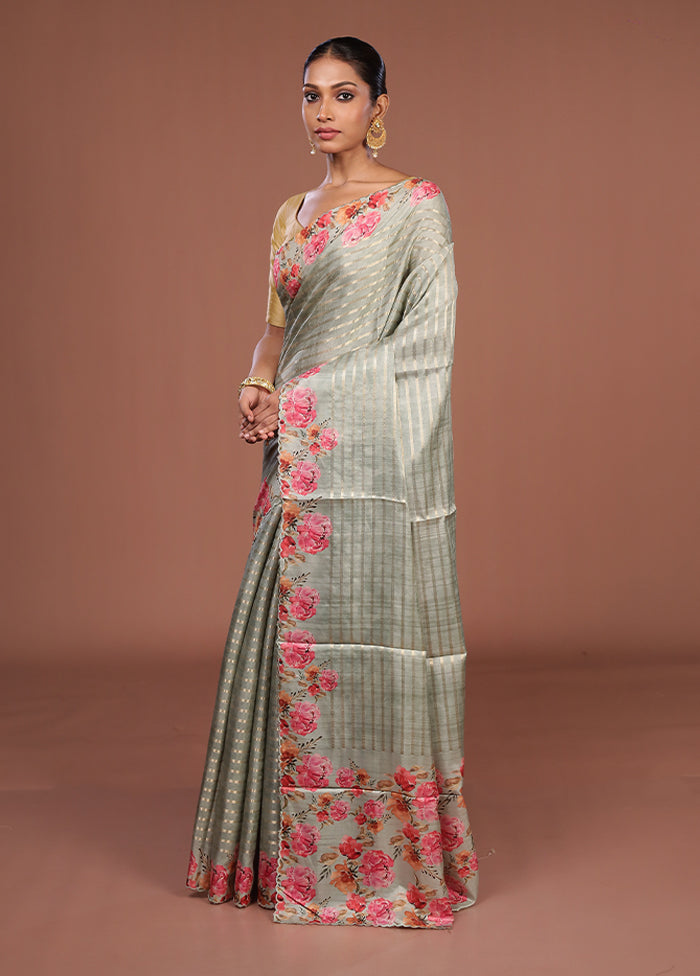 Green Tussar Silk Saree With Blouse Piece