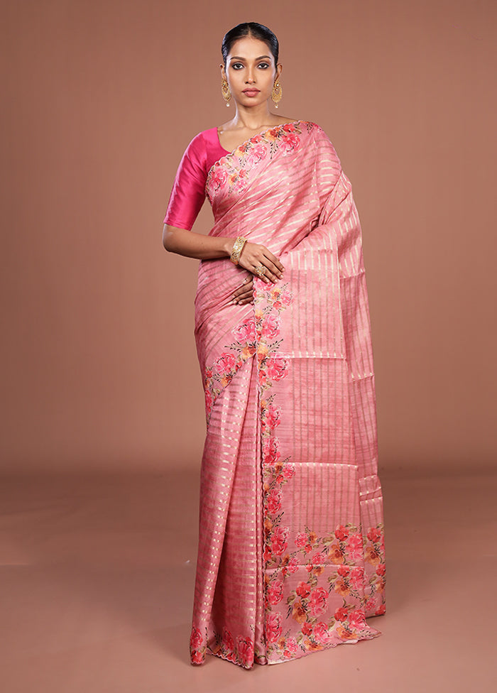Pink Tussar Silk Saree With Blouse Piece