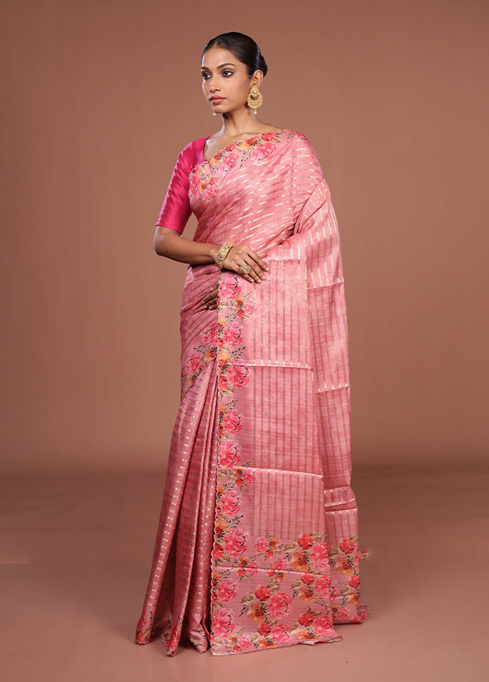 Pink Tussar Silk Saree With Blouse Piece