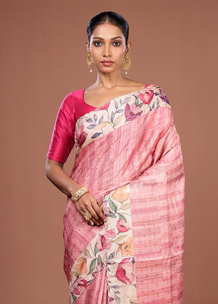 Pink Tussar Silk Saree With Blouse Piece