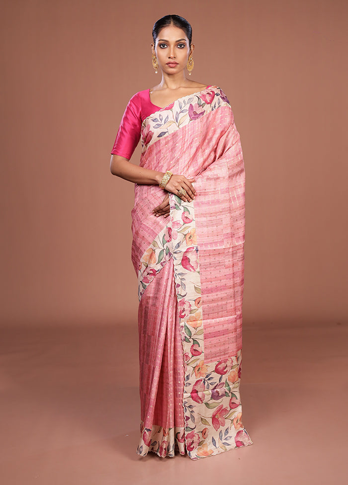 Pink Tussar Silk Saree With Blouse Piece