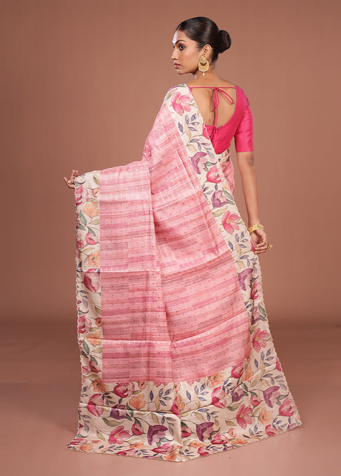 Pink Tussar Silk Saree With Blouse Piece