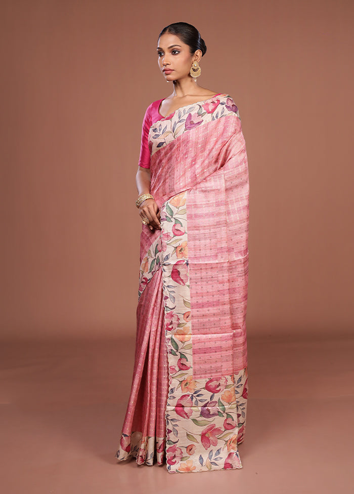 Pink Tussar Silk Saree With Blouse Piece