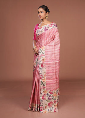 Pink Tussar Silk Saree With Blouse Piece