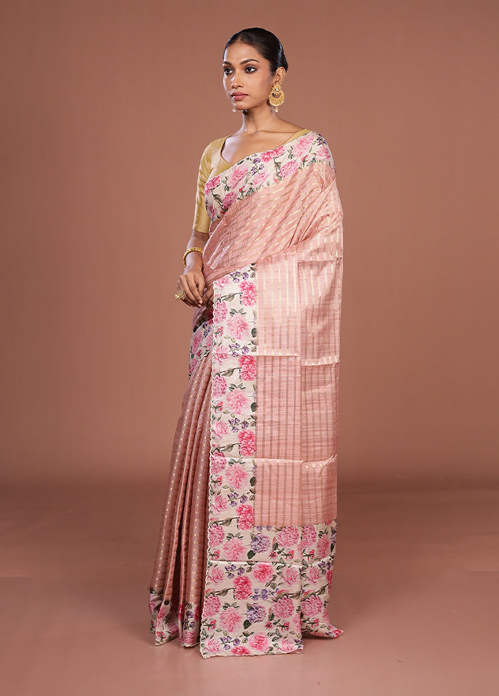 Pink Tussar Silk Saree With Blouse Piece