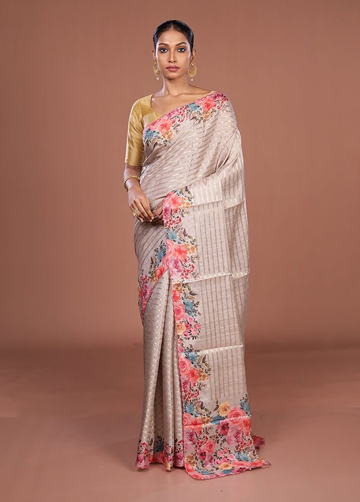 Cream Tussar Silk Saree With Blouse Piece