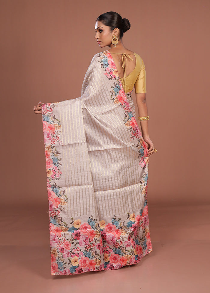 Cream Tussar Silk Saree With Blouse Piece
