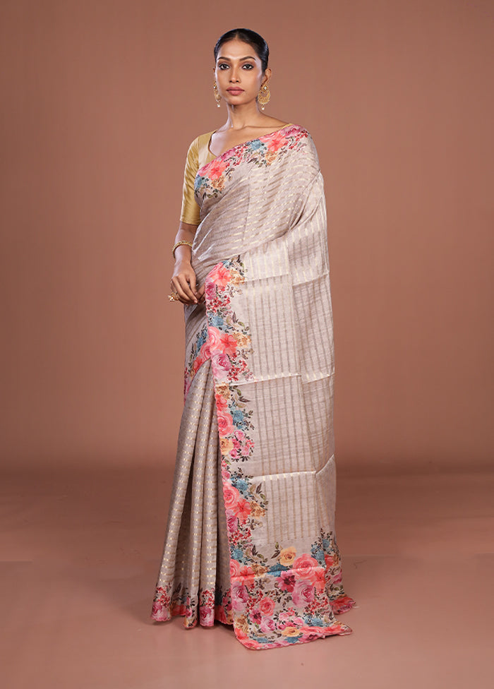 Cream Tussar Silk Saree With Blouse Piece