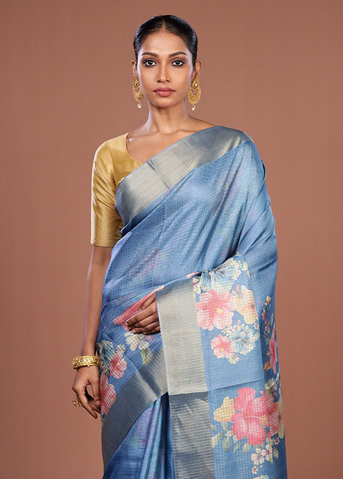 Blue Tussar Silk Saree With Blouse Piece