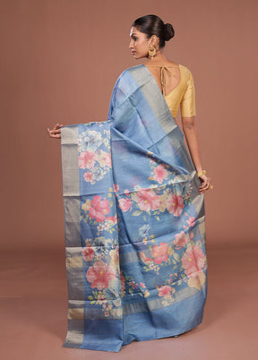 Blue Tussar Silk Saree With Blouse Piece