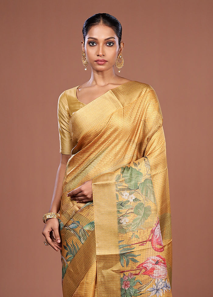 Yellow Tussar Silk Saree With Blouse Piece
