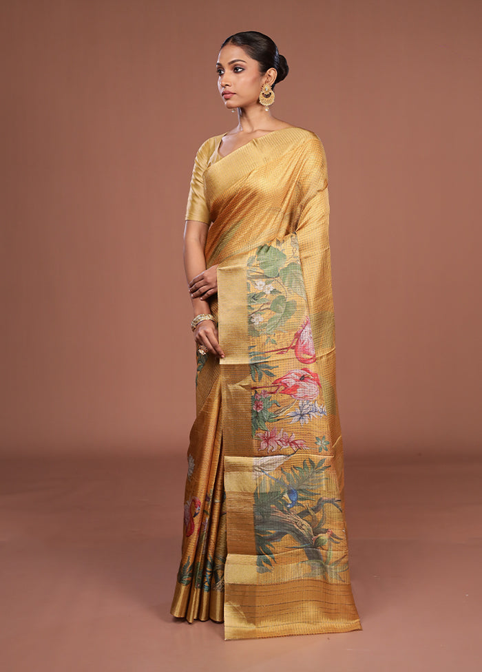 Yellow Tussar Silk Saree With Blouse Piece