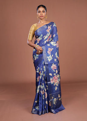Blue Tussar Silk Saree With Blouse Piece