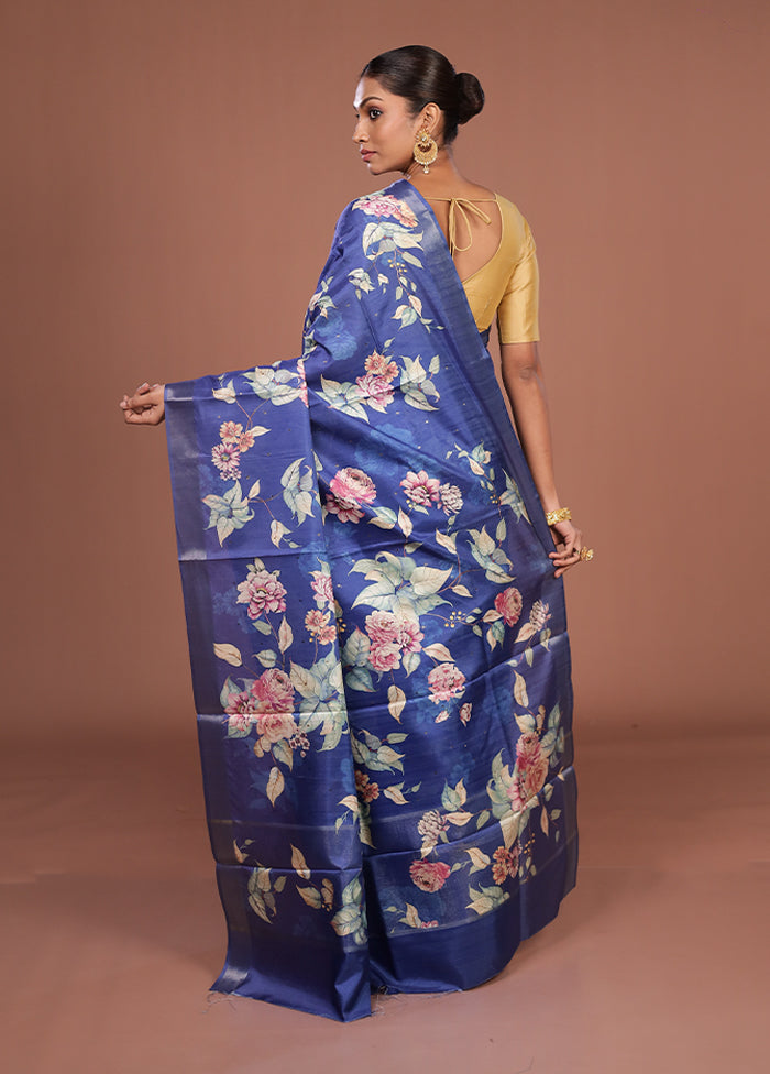 Blue Tussar Silk Saree With Blouse Piece