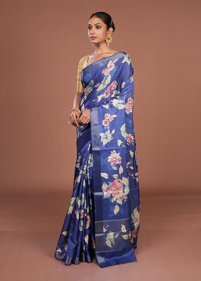 Blue Tussar Silk Saree With Blouse Piece
