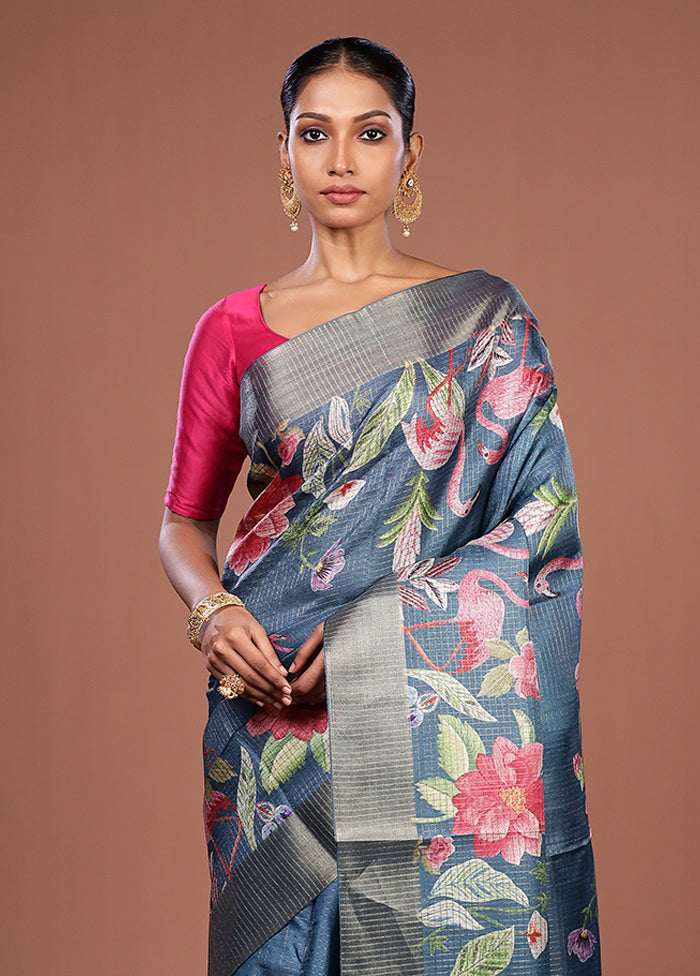 Blue Tussar Silk Saree With Blouse Piece
