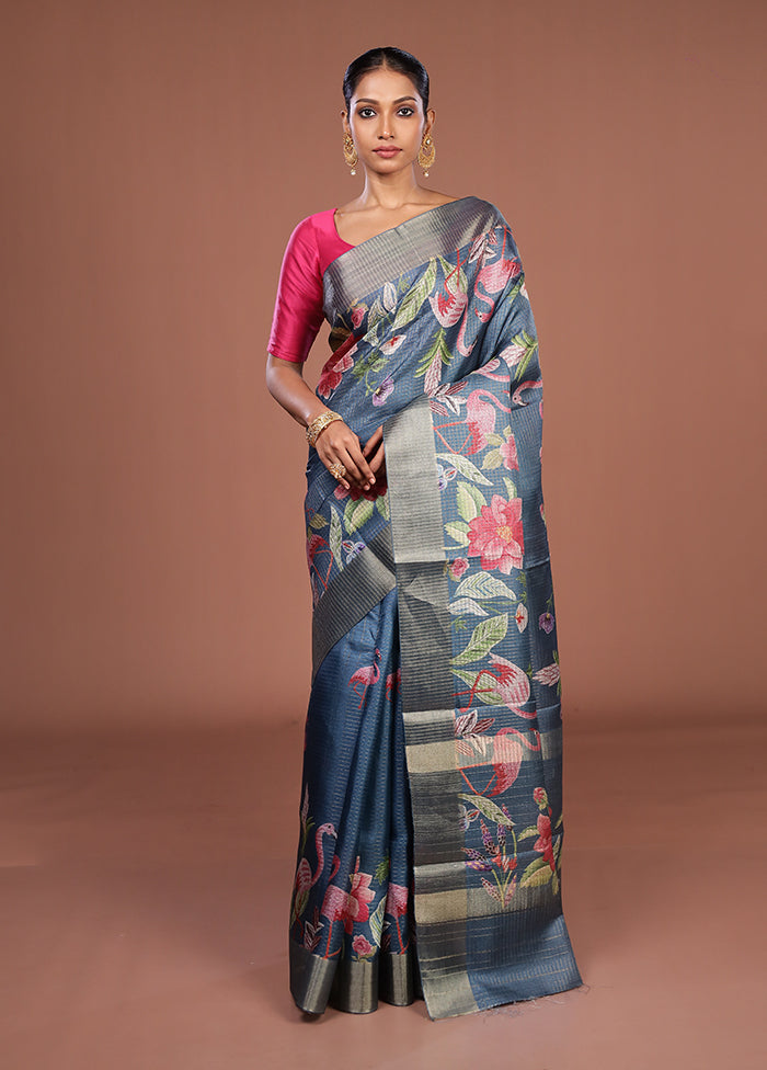 Blue Tussar Silk Saree With Blouse Piece