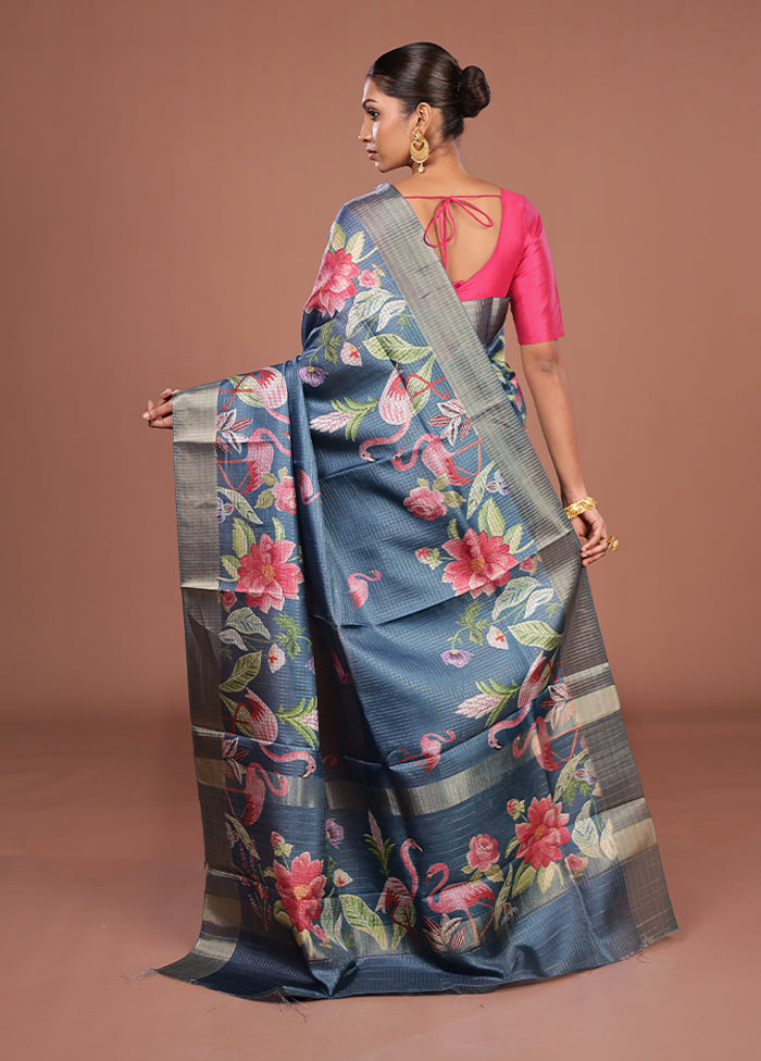 Blue Tussar Silk Saree With Blouse Piece