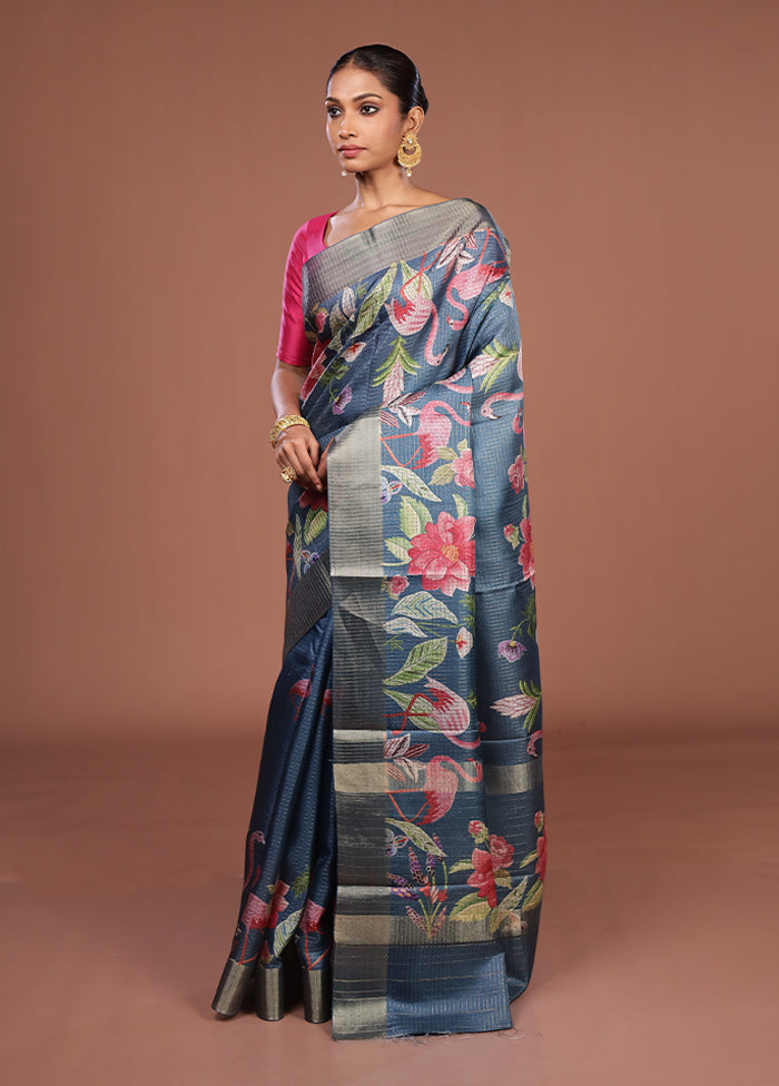 Blue Tussar Silk Saree With Blouse Piece